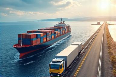 Verschiedene Transportarten: Containerschiff, Flugzeug, Zug und LKW