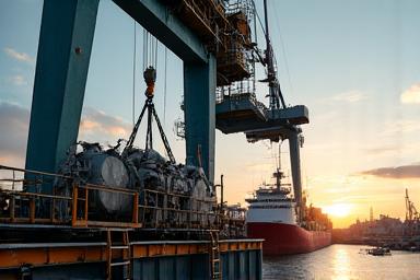 Grosser Kran hebt schwere Industriemaschinenteile auf ein Schiff