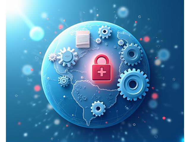 Illustration of intellectual property concept, with gears, documents, and a lock overlaying a globe graphic